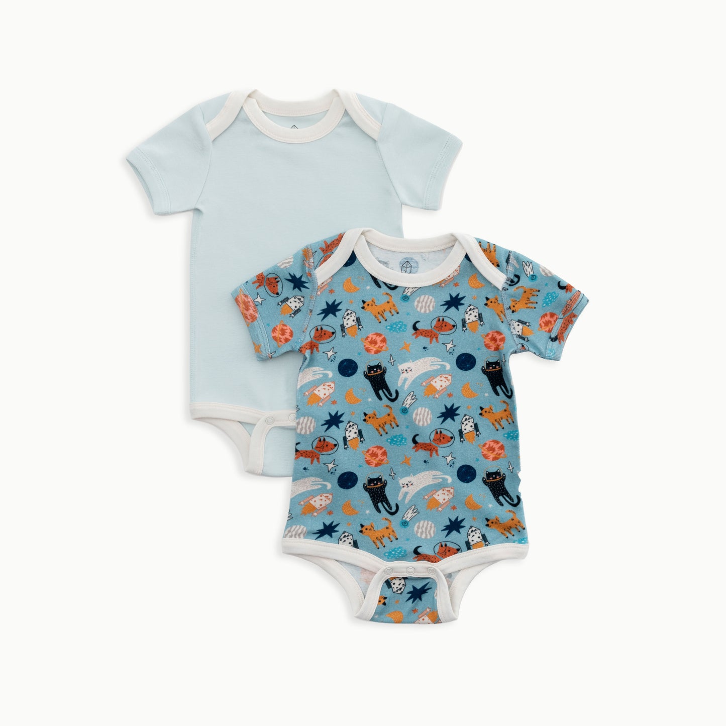 Organic Cotton Baby Short Sleeve Bodysuit, 2-Pack | Space Cats + Solid Blue