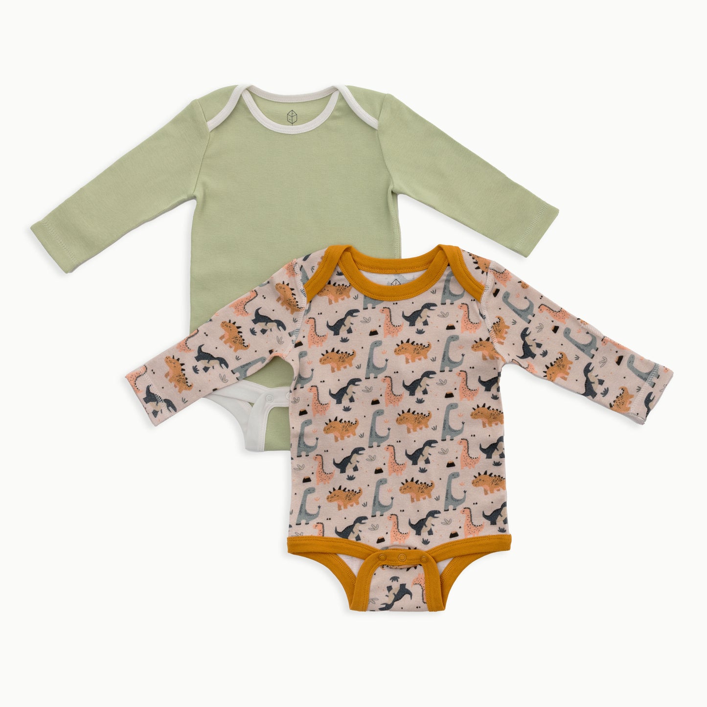 Organic Cotton Baby Long Sleeve Bodysuit, 2-Pack | Dinosaur + Solid Green