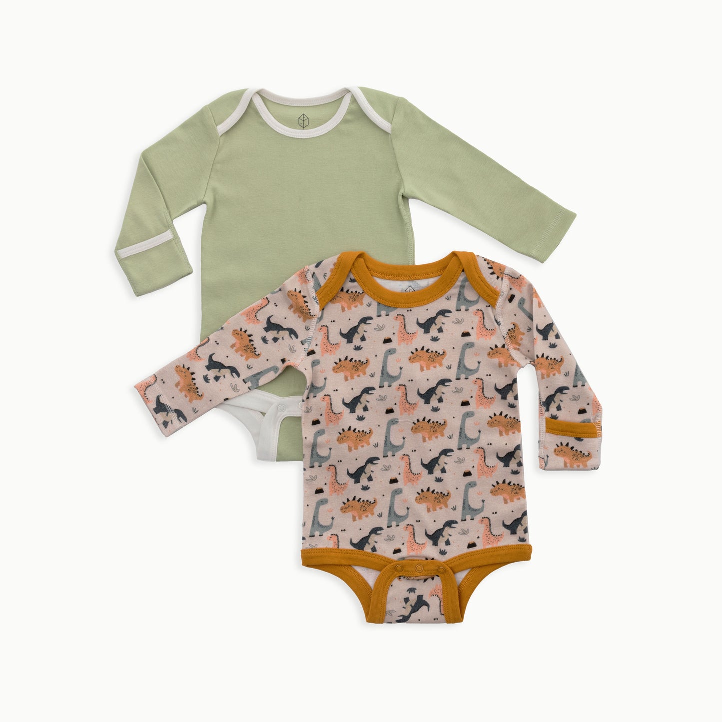 Organic Cotton Baby Long Sleeve Bodysuit, 2-Pack | Dinosaur + Solid Green