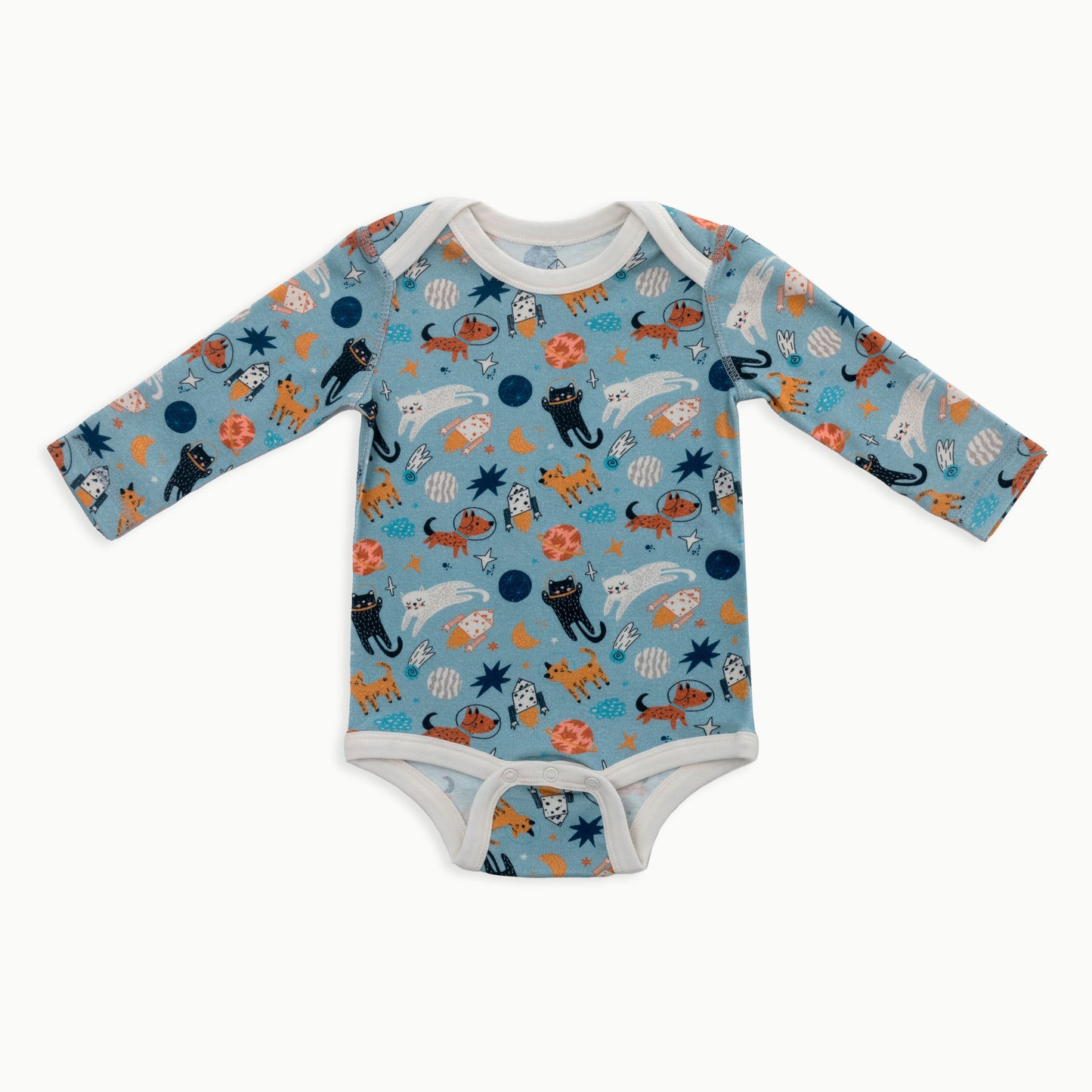 Organic Cotton Baby Long Sleeve Bodysuit, 2-Pack | Space Cats + Solid Blue