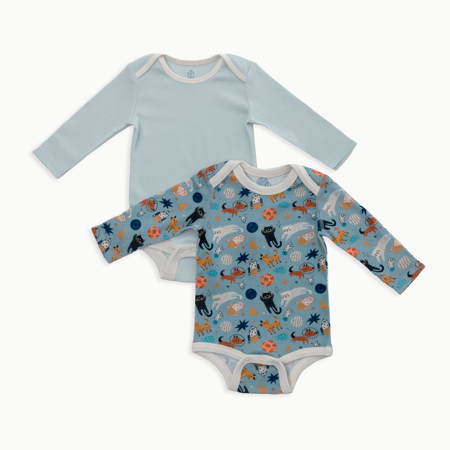 Organic Cotton Baby Long Sleeve Bodysuit, 2-Pack | Space Cats + Solid Blue