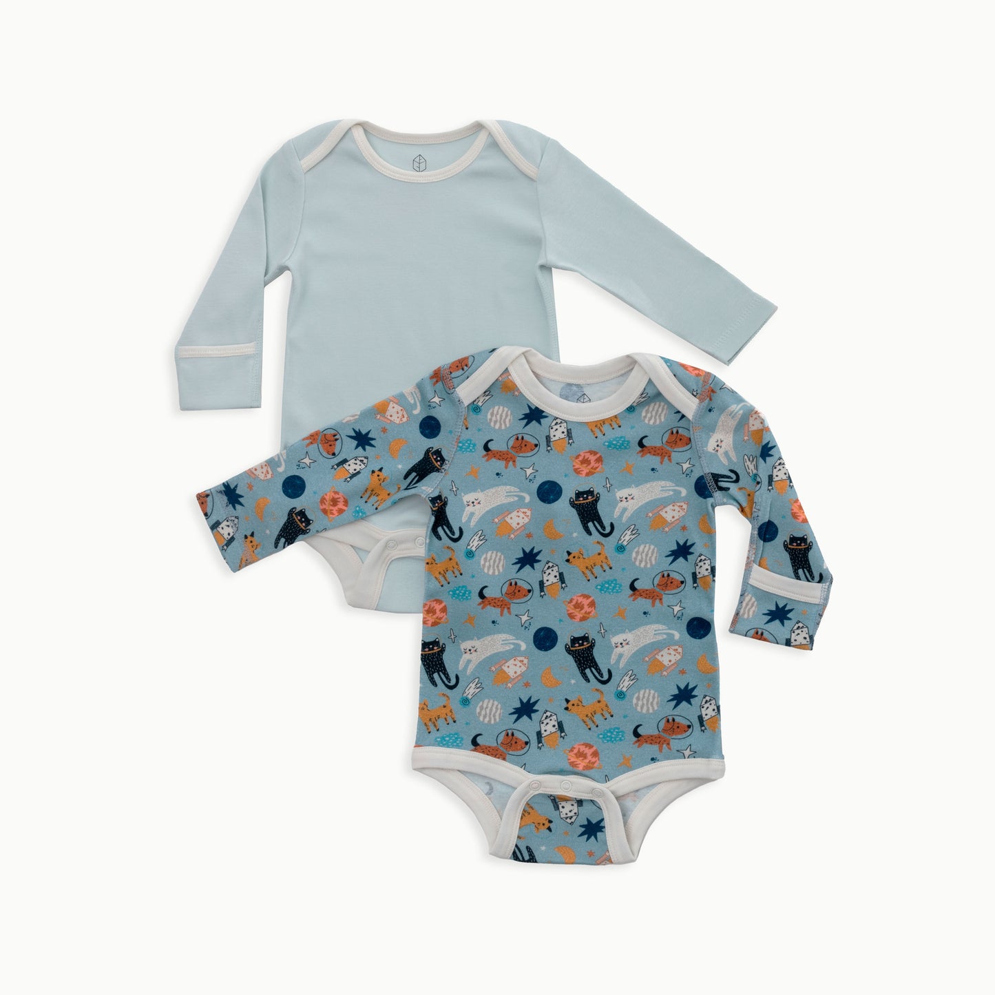 Organic Cotton Baby Long Sleeve Bodysuit, 2-Pack | Space Cats + Solid Blue