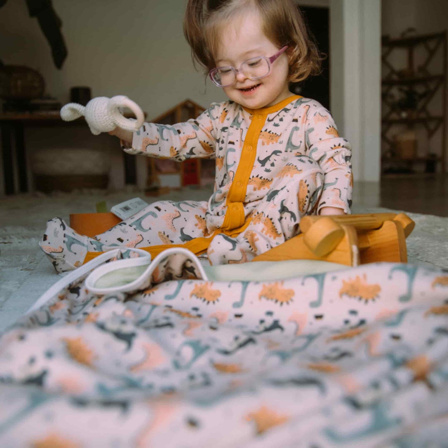 Organic Cotton Baby Double-Sided Blanket | Dinosaur + Solid Green