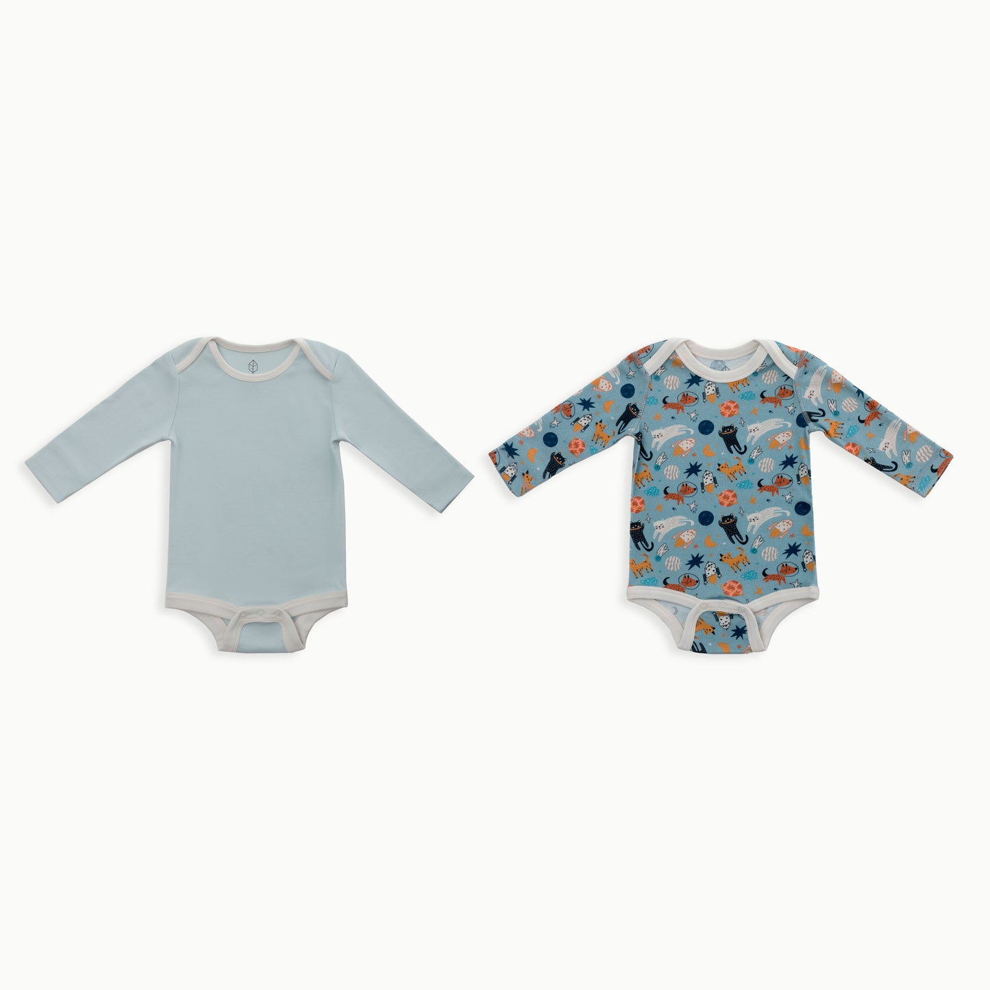 Organic Cotton Baby Long Sleeve Bodysuit, 2-Pack | Space Cats + Solid Blue