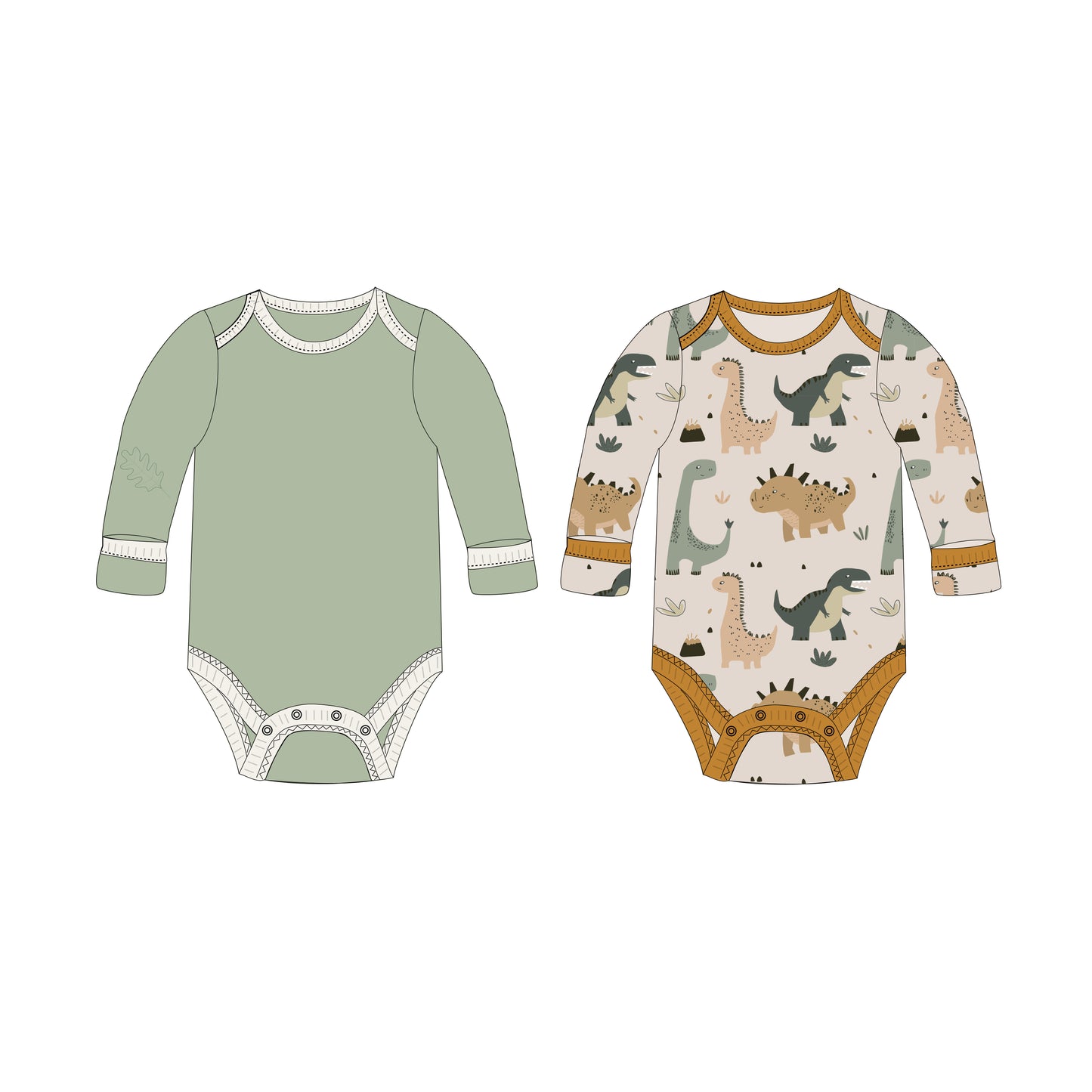 Baby Long Sleeve Bodysuit, 2-Pack | Dinosaur + Solid Green