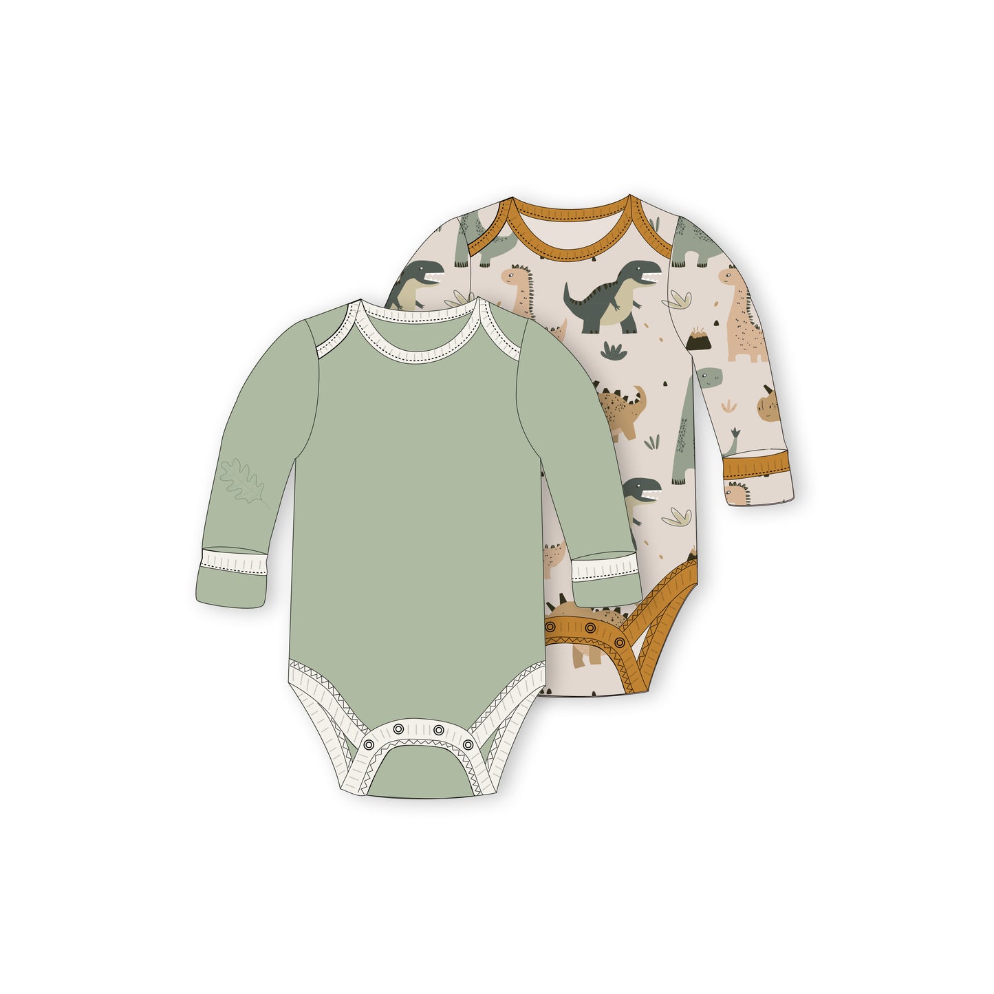Baby Long Sleeve Bodysuit, 2-Pack | Dinosaur + Solid Green