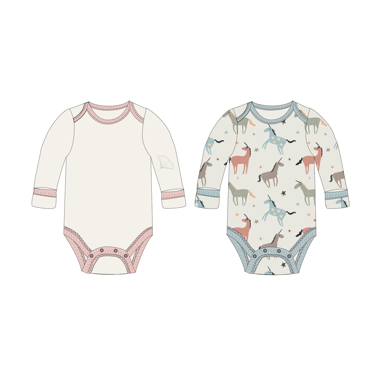 Baby Girls' Long Sleeve Bodysuit, 2-Pack | Unicorns + Solid Cream