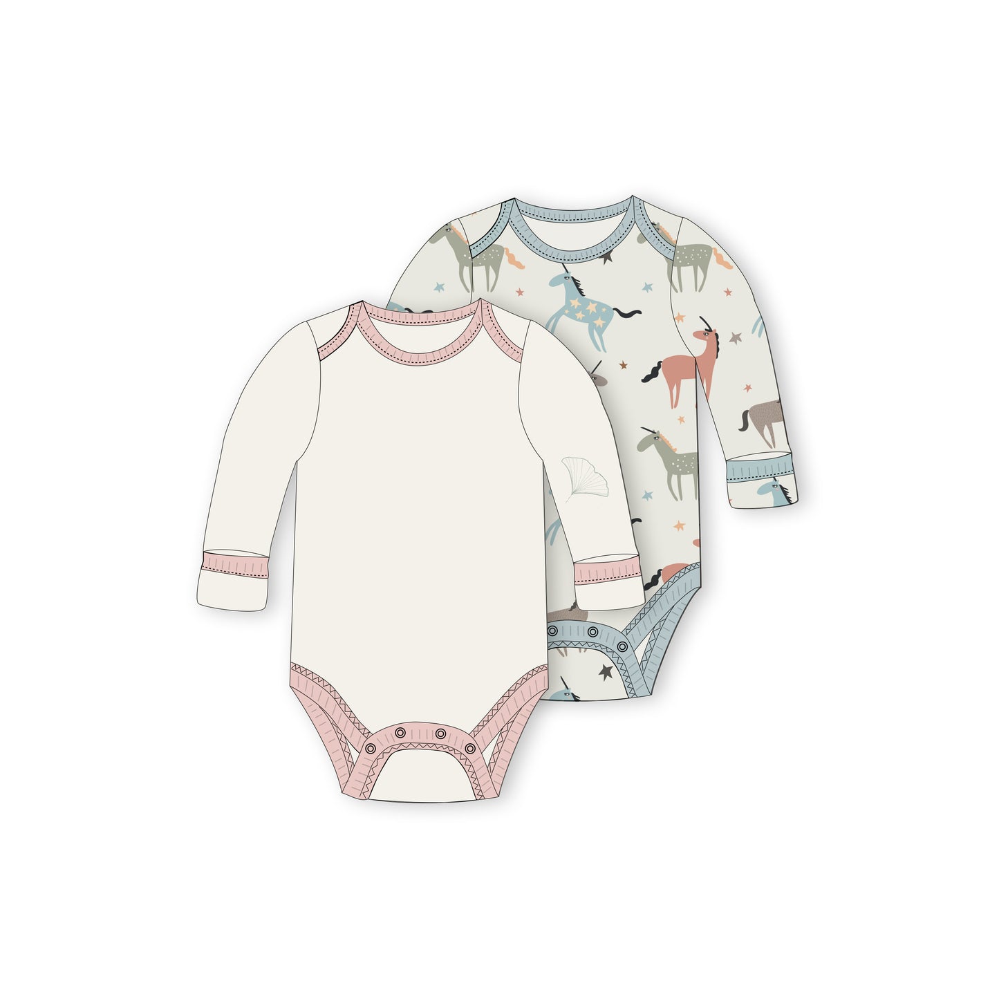 Baby Girls' Long Sleeve Bodysuit, 2-Pack | Unicorns + Solid Cream