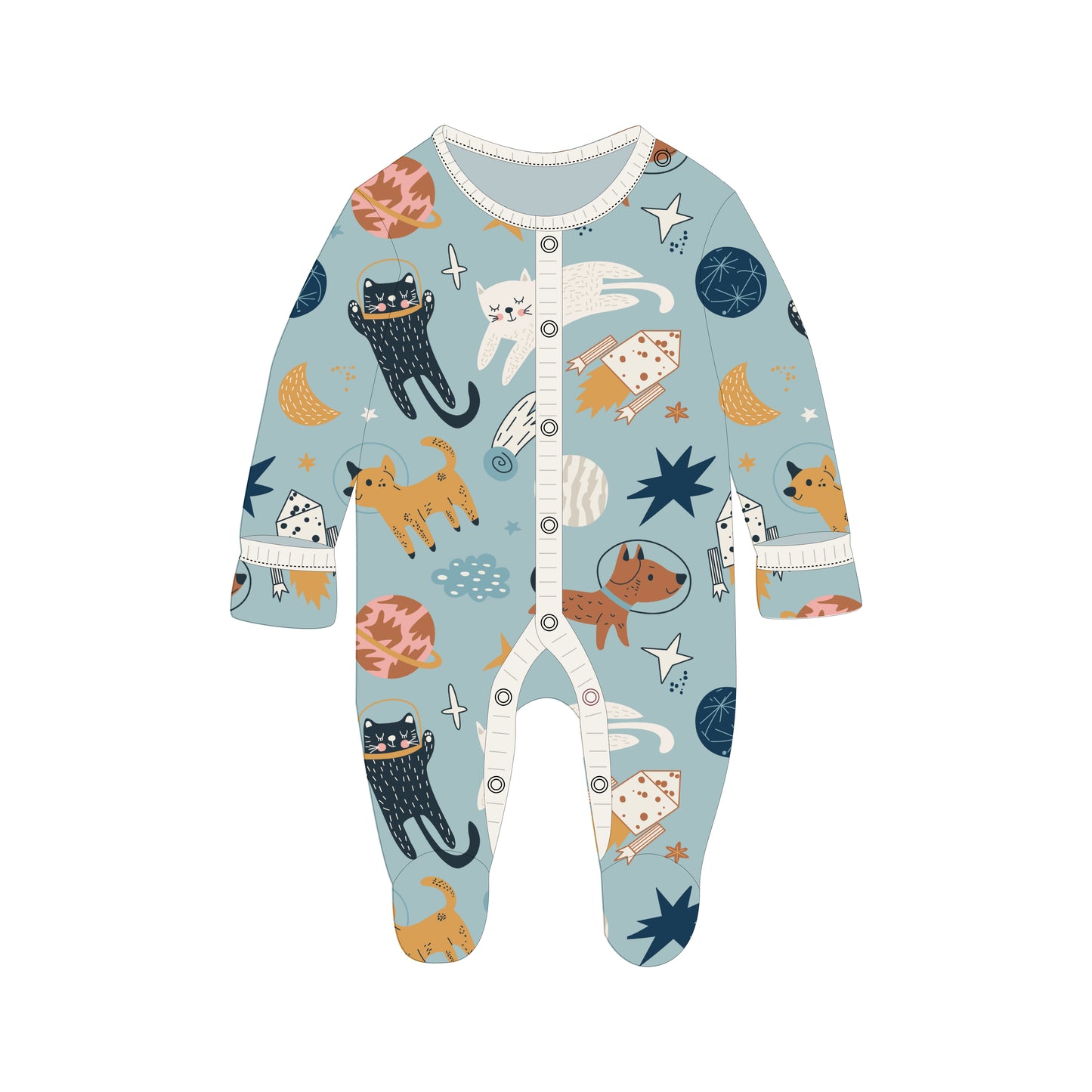 Baby Boys' Sleeper, 2-Pack | Space Cats + Solid Blue