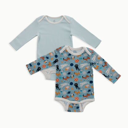 Organic Cotton Baby Long Sleeve Bodysuit, 2-Pack | Space Cats + Solid Blue