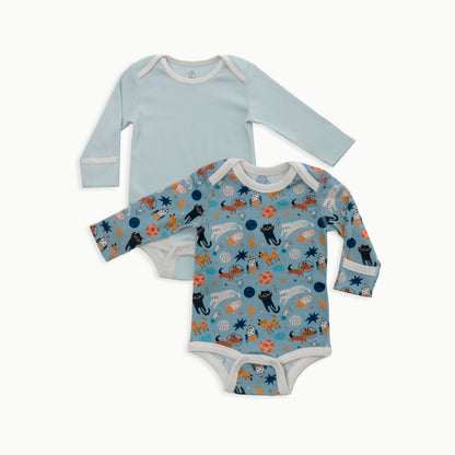 Organic Cotton Baby Long Sleeve Bodysuit, 2-Pack | Space Cats + Solid Blue