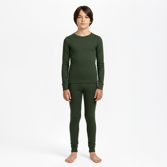 Menique Kids' Merino Long Sleeve & Pants Baselayer 2-Piece in Dark Green