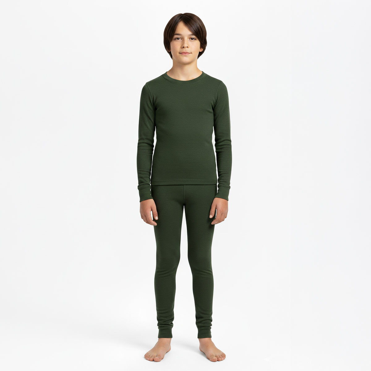 Menique Kids' Merino Long Sleeve & Pants Baselayer 2-Piece in Dark Green