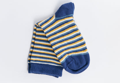 Leela Cotton Organic Cotton Kids Socks, 6-Pack | Blue + Mustard Striped