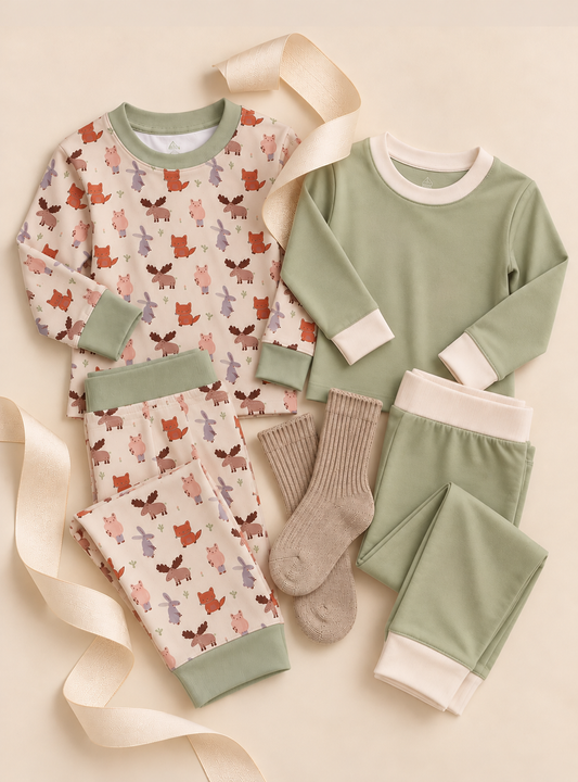 Organic Cotton Long-Sleeve Pajama Bundle | Woodland + Solid Green