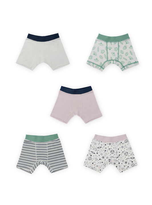 Organic Cotton Boy Boxer Briefs | Multi-pack | 5 colors | Stars & Leaves