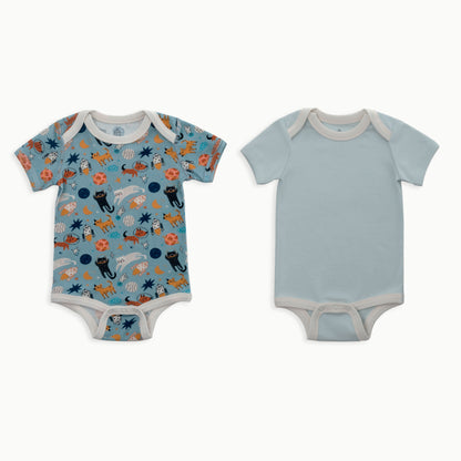 Organic Cotton Baby Short Sleeve Bodysuit, 2-Pack | Space Cats + Solid Blue