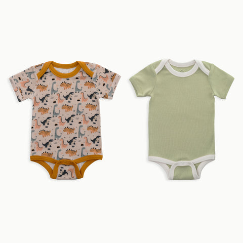 Organic Cotton Baby Short Sleeve Bodysuit, 2-Pack | Dinosaur + Solid Green
