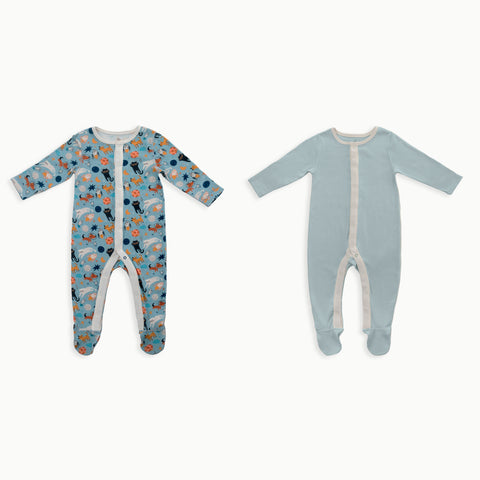Organic Cotton Baby Sleeper, 2-Pack | Space Cats + Solid Blue