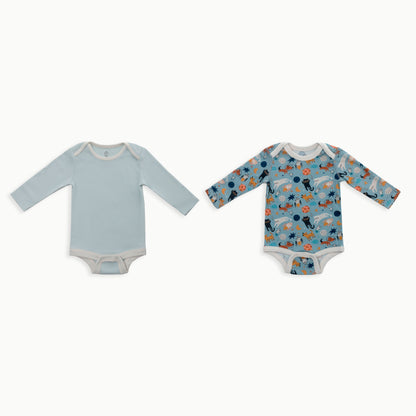 Organic Cotton Baby Long Sleeve Bodysuit, 2-Pack | Space Cats + Solid Blue