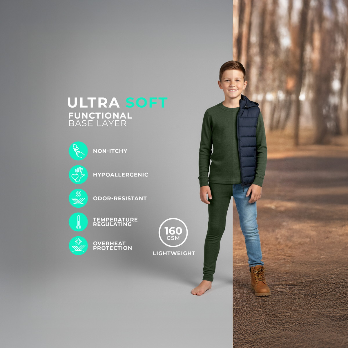 Menique Kids' Merino Long Sleeve & Pants Baselayer 2-Piece in Dark Green
