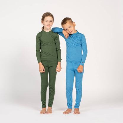 Menique Kids' Merino Long Sleeve & Pants Baselayer 2-Piece in Dark Green