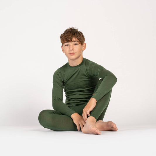 Menique Kids' Merino Long Sleeve & Pants Baselayer 2-Piece in Dark Green